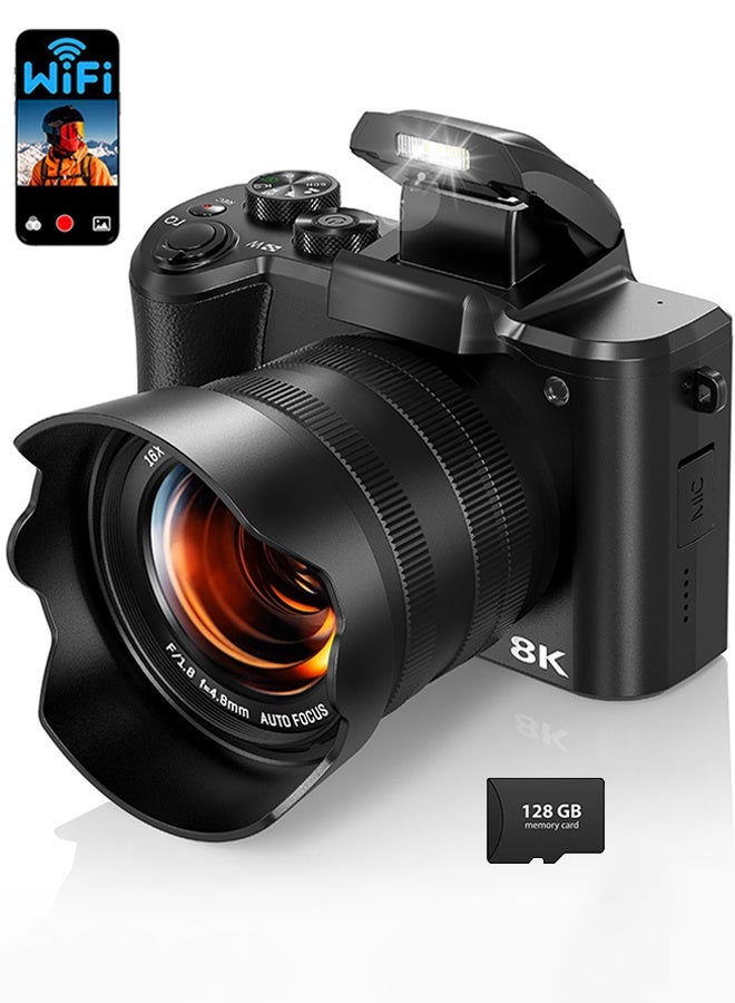 8K Digital Camera, 88MP Cameras for Photography with WiFi & Touch Screen, 16X Zoom Vlogging Camera for YouTube Video, Autofocus & Anti-Shake, Dual Camera, Batteries, 128GB Card, Flash, Lens Hood - Image 4